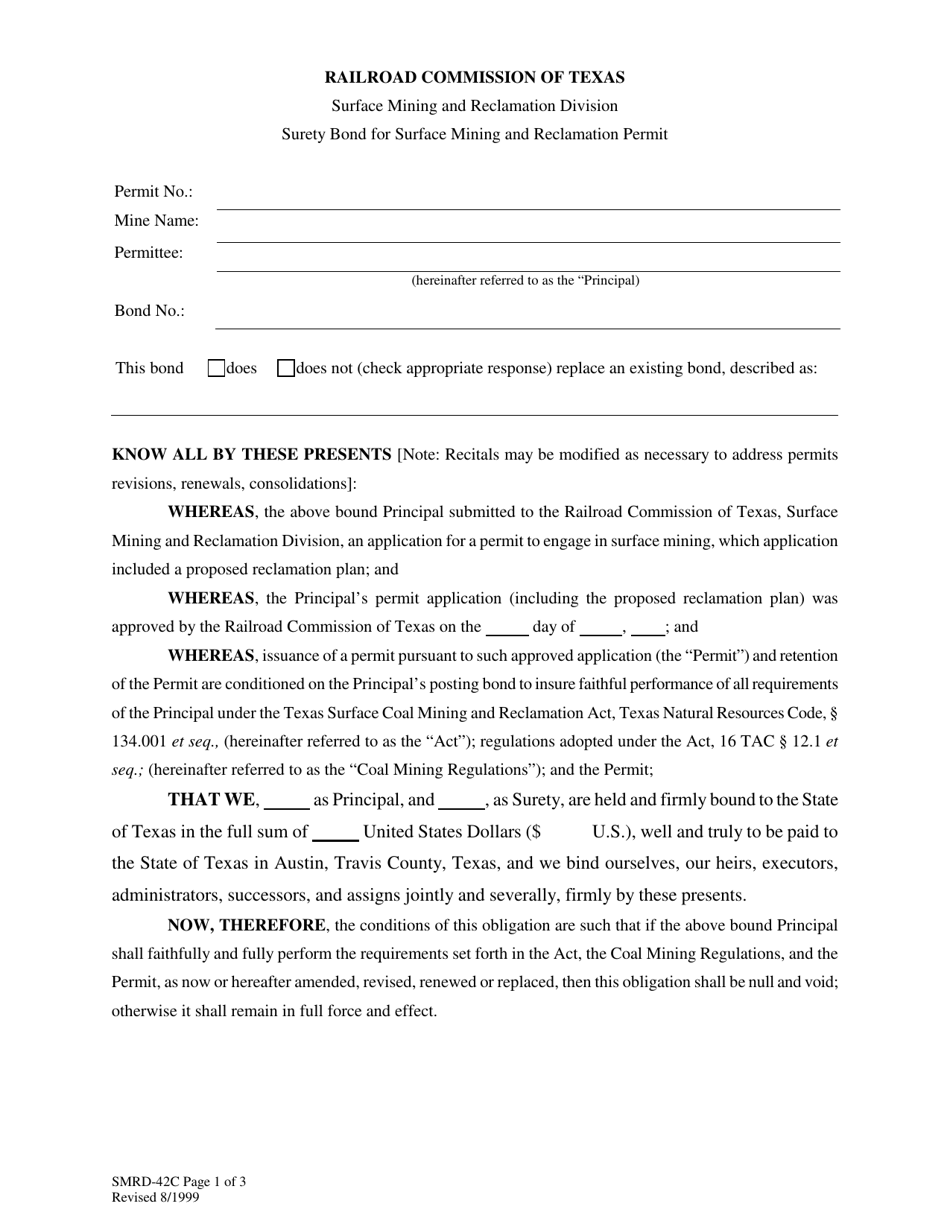 Form SMRD-42C Surety Bond for Surface Mining and Reclamation Permit - Texas, Page 1