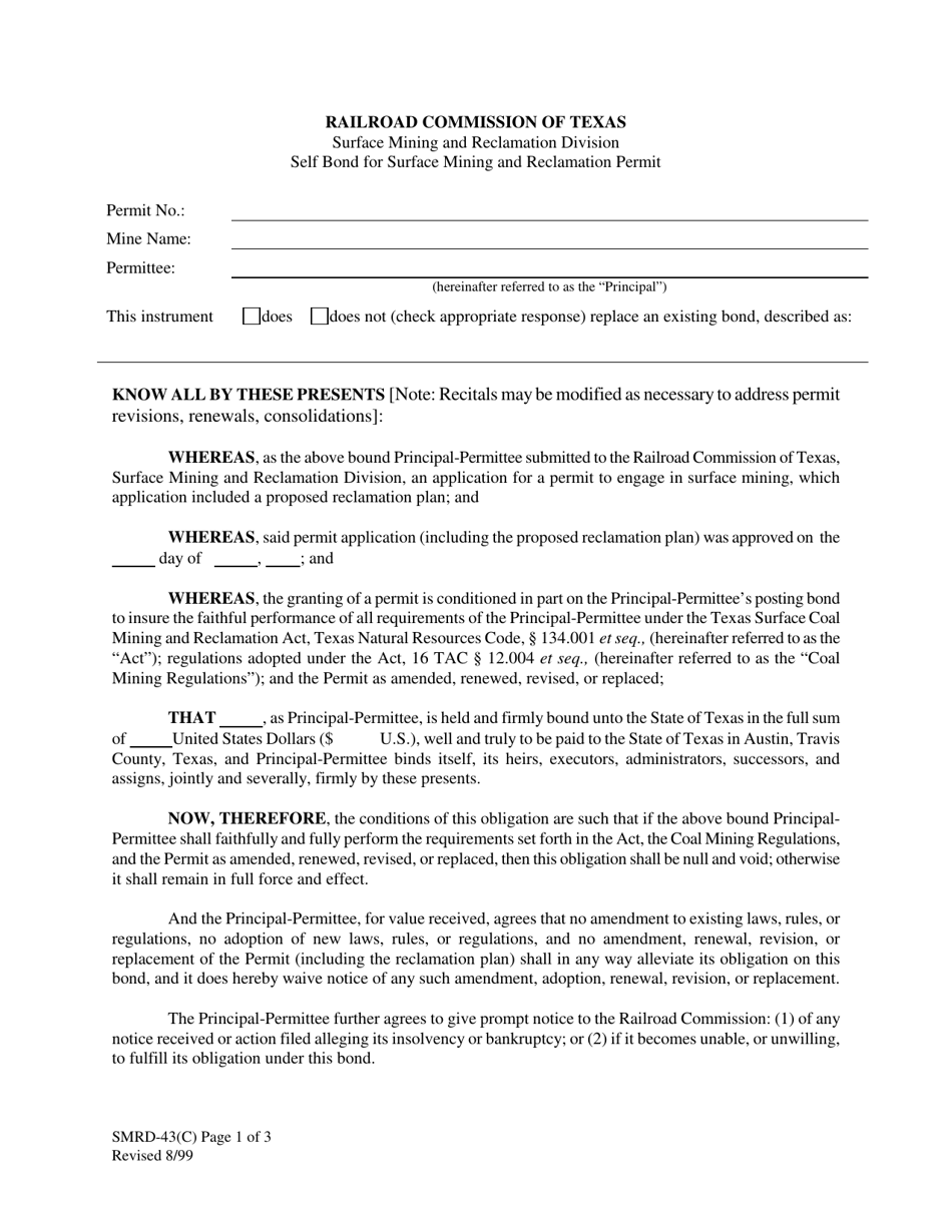 Form SMRD-43(C) Self Bond for Surface Mining and Reclamation Permit - Texas, Page 1