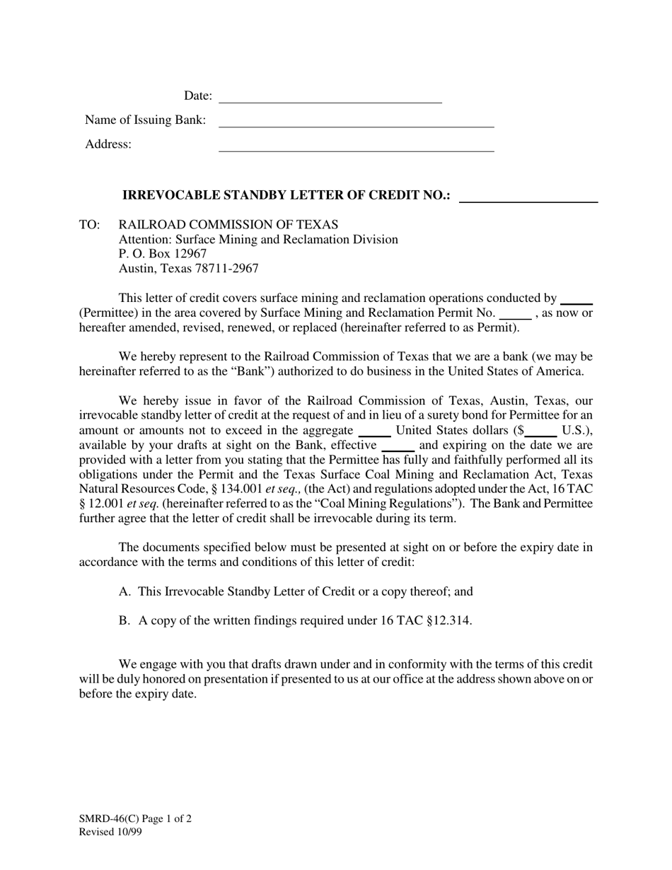Form SMRD-46(C) Irrevocable Standby Letter of Credit - Texas, Page 1