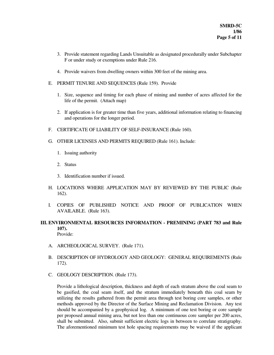 Form SMRD-5C Application for an in-Situ Coal Gasification Permit - Texas, Page 5