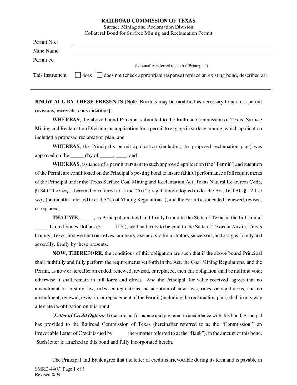 Form SMRD-44(C) Collateral Bond for Surface Mining and Reclamation Permit - Texas, Page 1
