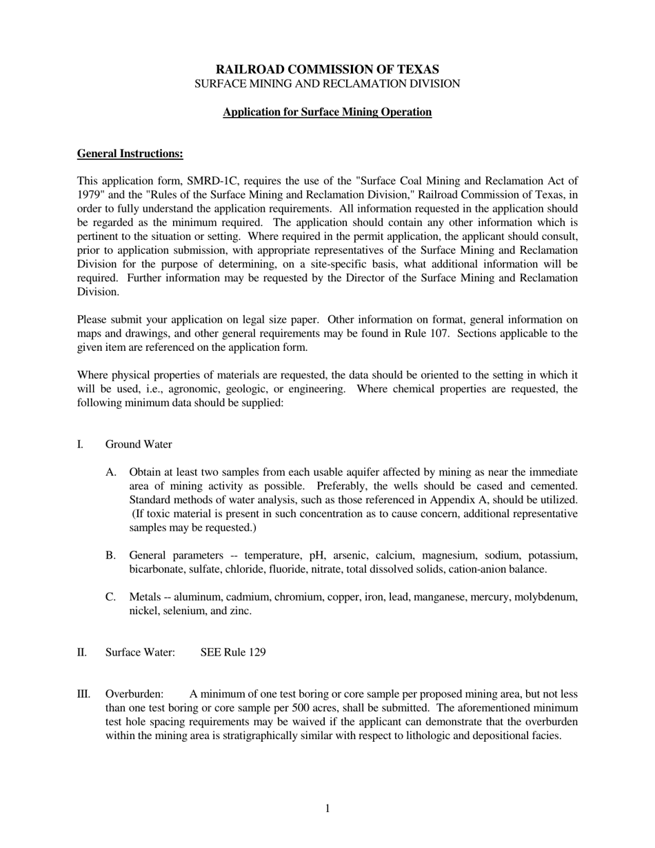 Form SMRD-1C Application for Coal Mining Operations Permit - Texas, Page 1