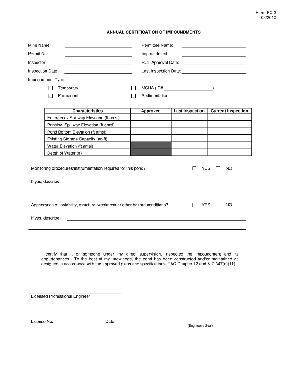 Form PC-2 Annual Certification of Impoundments - Texas, Page 1