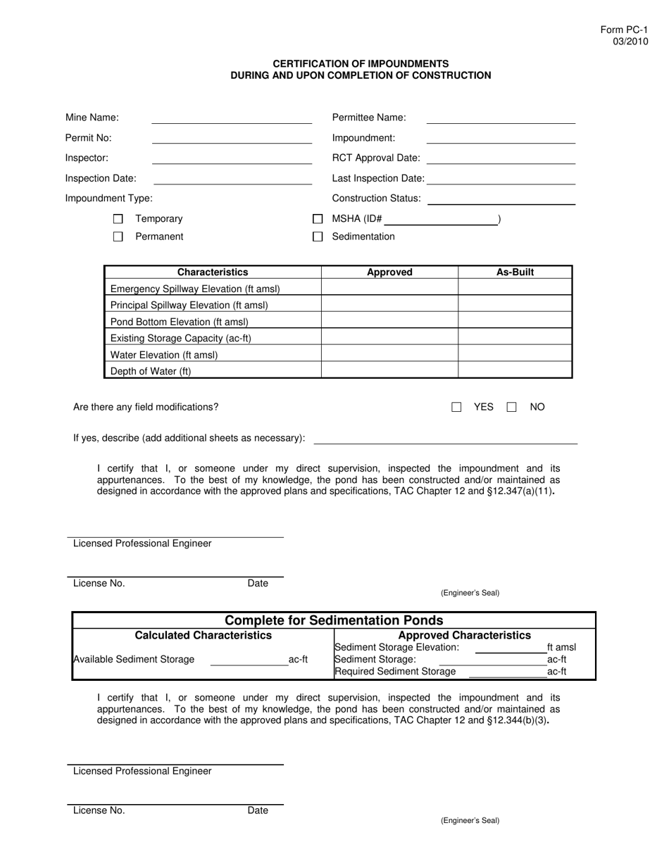 Form PC-1 Certification of Impoundments During and Upon Completion of Construction - Texas, Page 1
