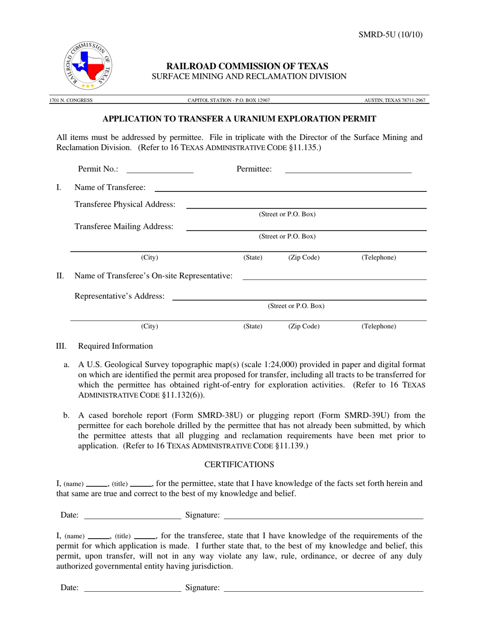 Form SMRD-5U Application to Transfer a Uranium Exploration Permit - Texas, Page 1