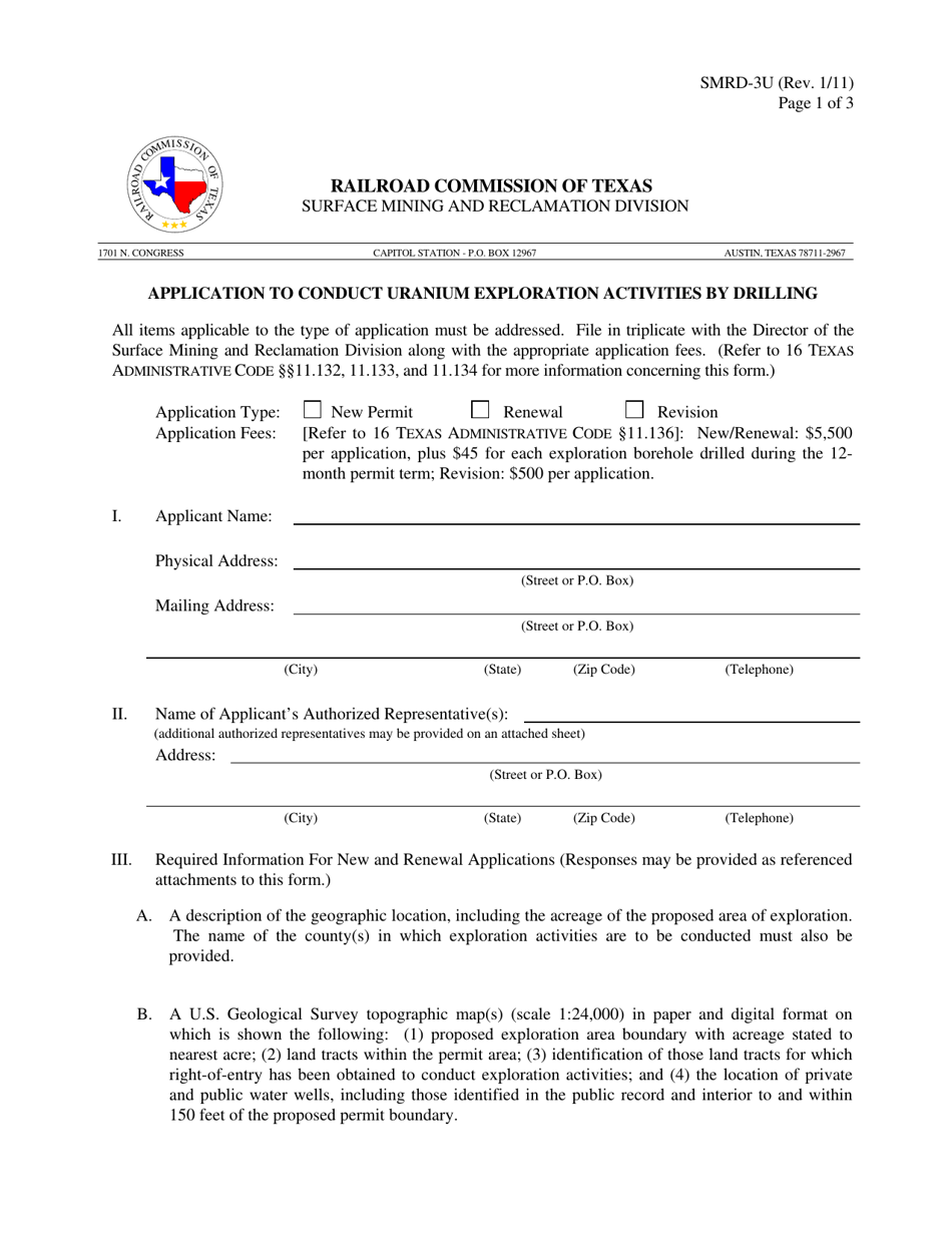 Form SMRD-3U Application to Conduct Uranium Exploration Activities by Drilling - Texas, Page 1