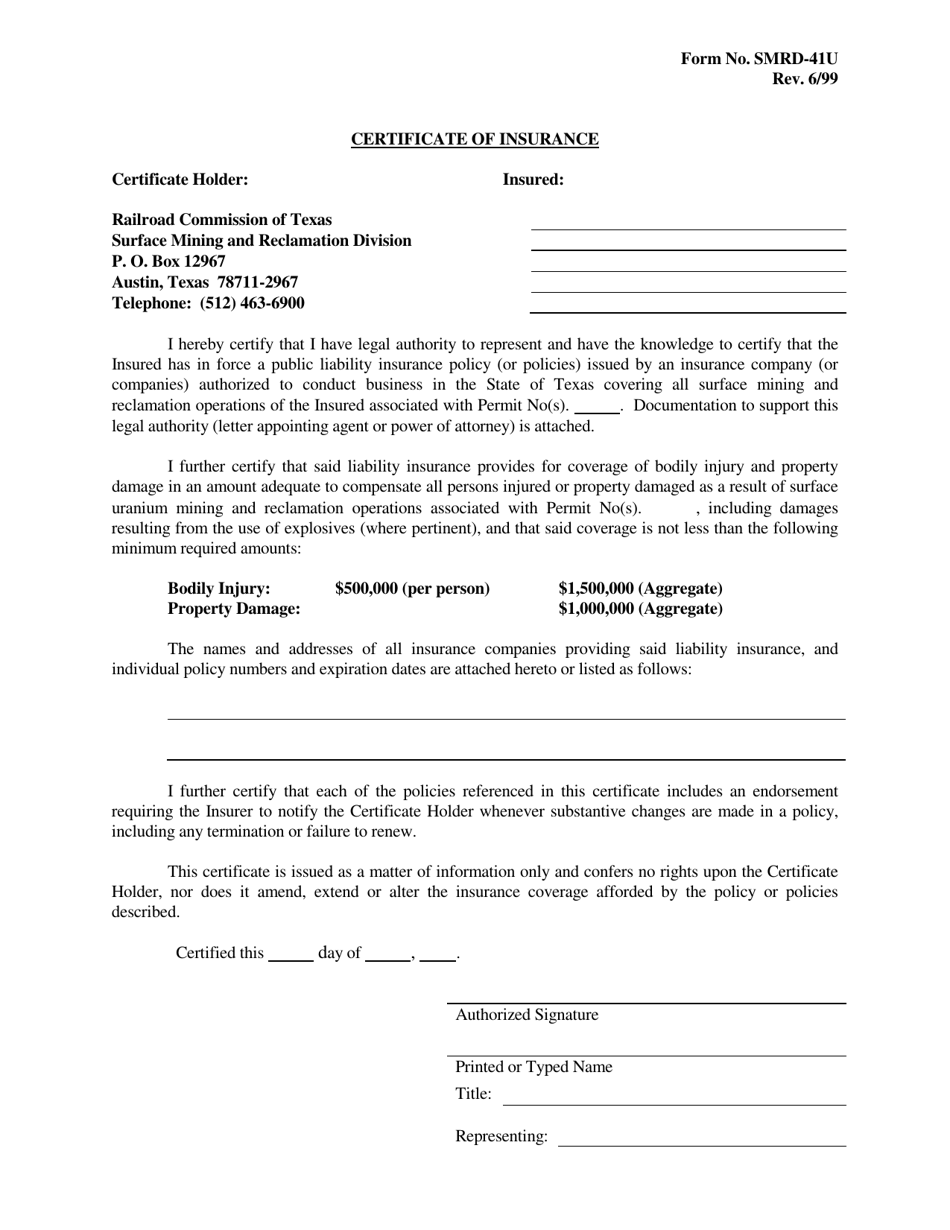 Form SMRD-41U Certificate of Insurance - Texas, Page 1