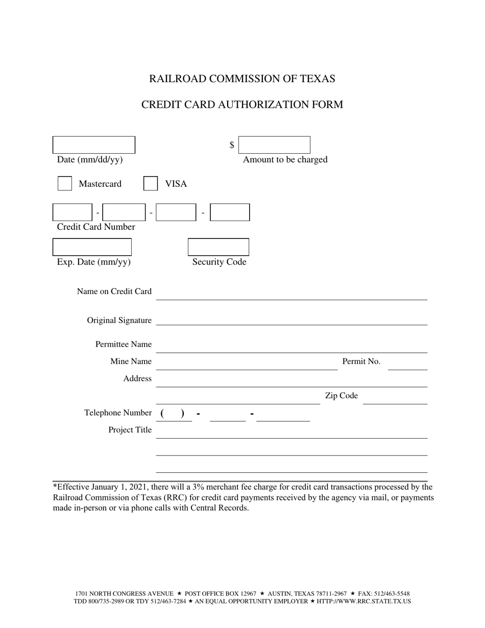 Credit Card Authorization Form - Texas, Page 1