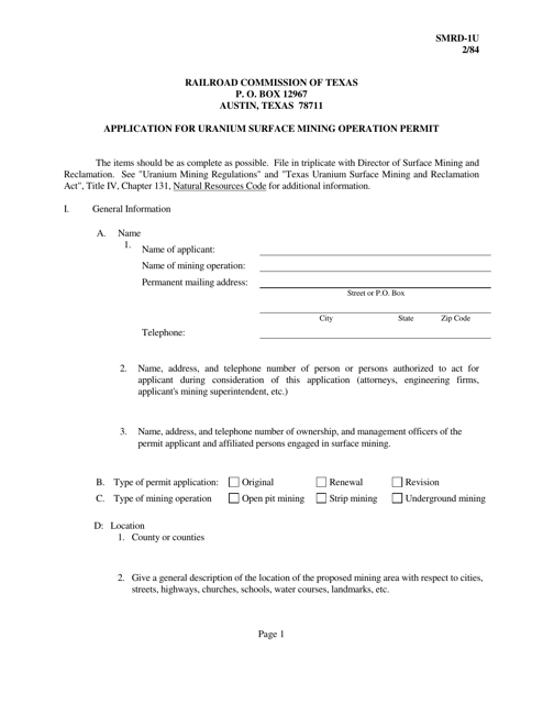 Form SMRD-1U Application for Uranium Surface Mining Operation Permit - Texas