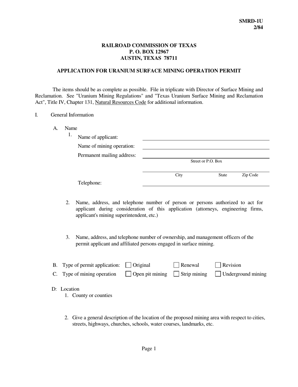 Form SMRD-1U Application for Uranium Surface Mining Operation Permit - Texas, Page 1