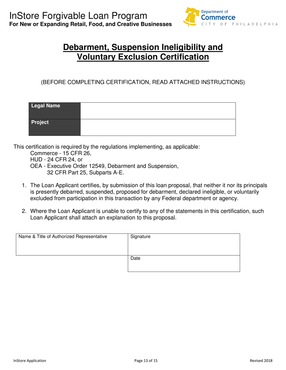 Instore Forgivable Loan Program Application - City of Philadelphia, Pennsylvania, Page 13