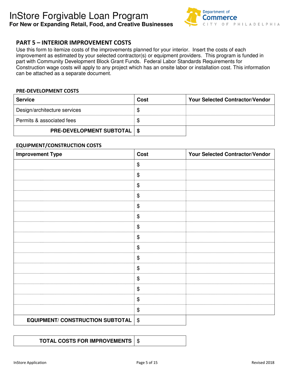 Instore Forgivable Loan Program Application - City of Philadelphia, Pennsylvania, Page 5