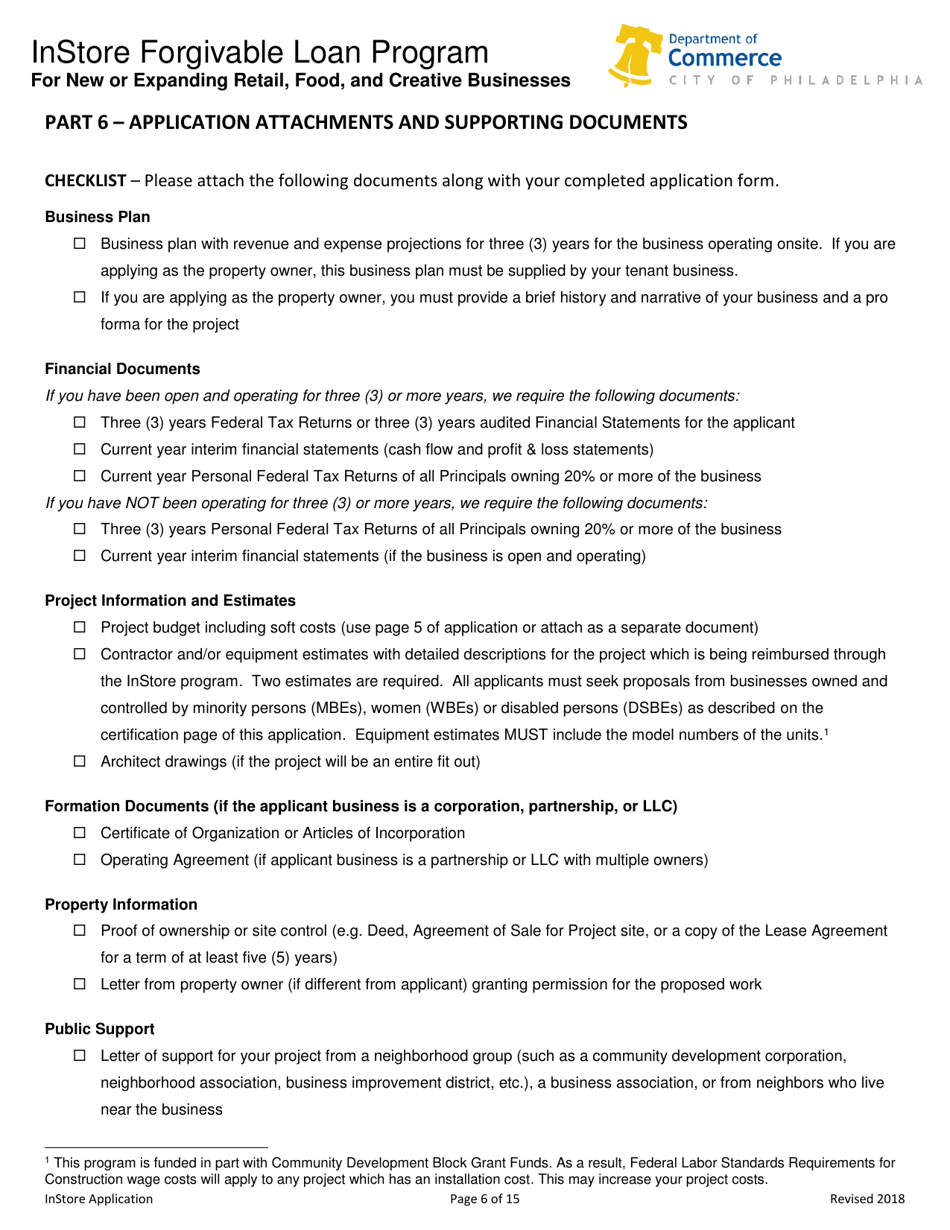 Instore Forgivable Loan Program Application - City of Philadelphia, Pennsylvania, Page 6