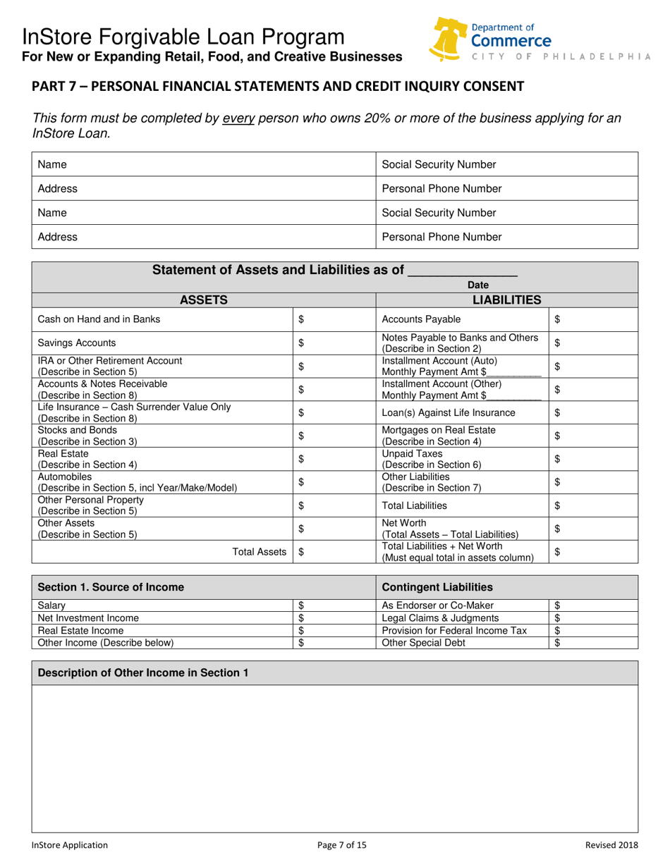 Instore Forgivable Loan Program Application - City of Philadelphia, Pennsylvania, Page 7
