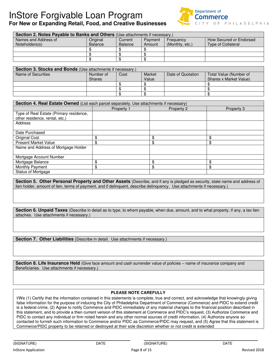 Instore Forgivable Loan Program Application - City of Philadelphia, Pennsylvania, Page 8