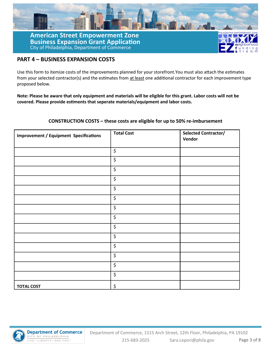 American Street Empowerment Zone Business Expansion Grant Application - City of Philadelphia, Pennsylvania, Page 3