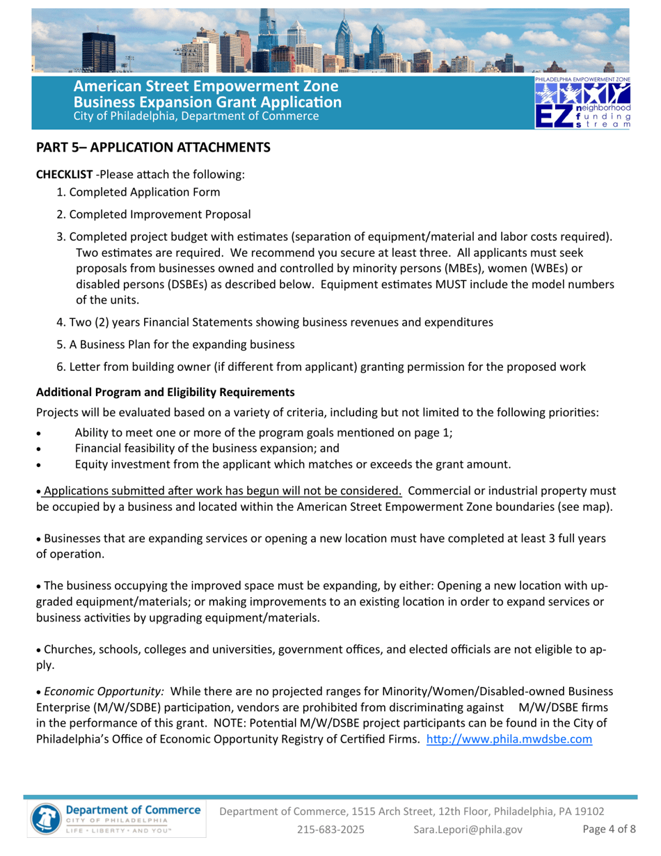 American Street Empowerment Zone Business Expansion Grant Application - City of Philadelphia, Pennsylvania, Page 4