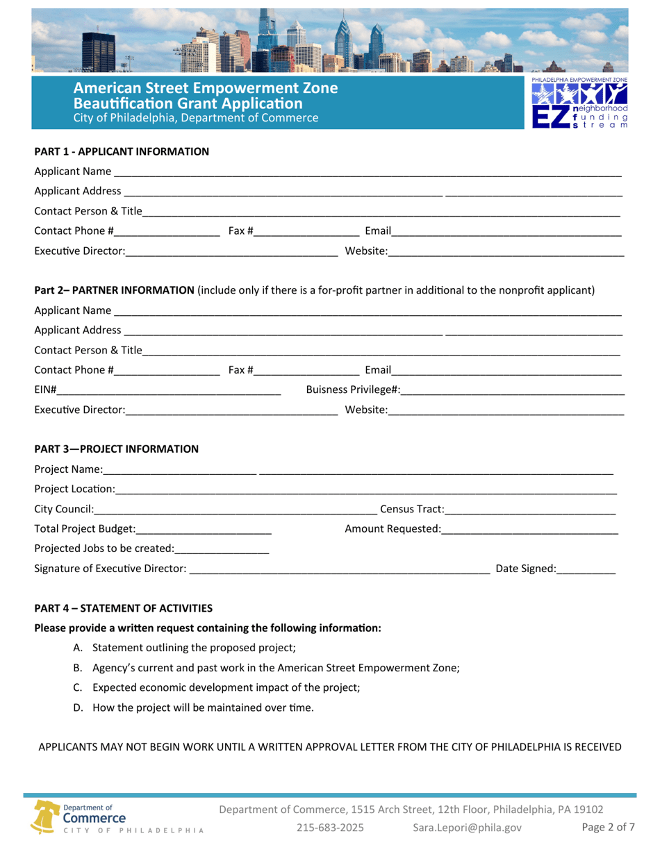American Street Empowerment Zone Beautification Grant Application - City of Philadelphia, Pennsylvania, Page 2