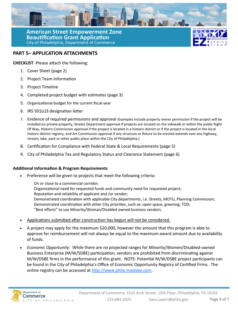 American Street Empowerment Zone Beautification Grant Application - City of Philadelphia, Pennsylvania, Page 4