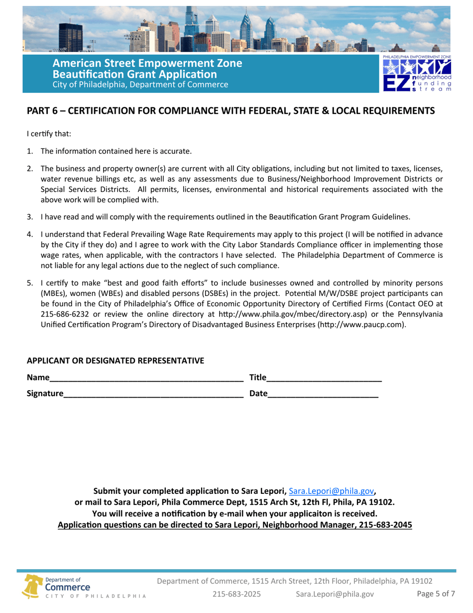 American Street Empowerment Zone Beautification Grant Application - City of Philadelphia, Pennsylvania, Page 5
