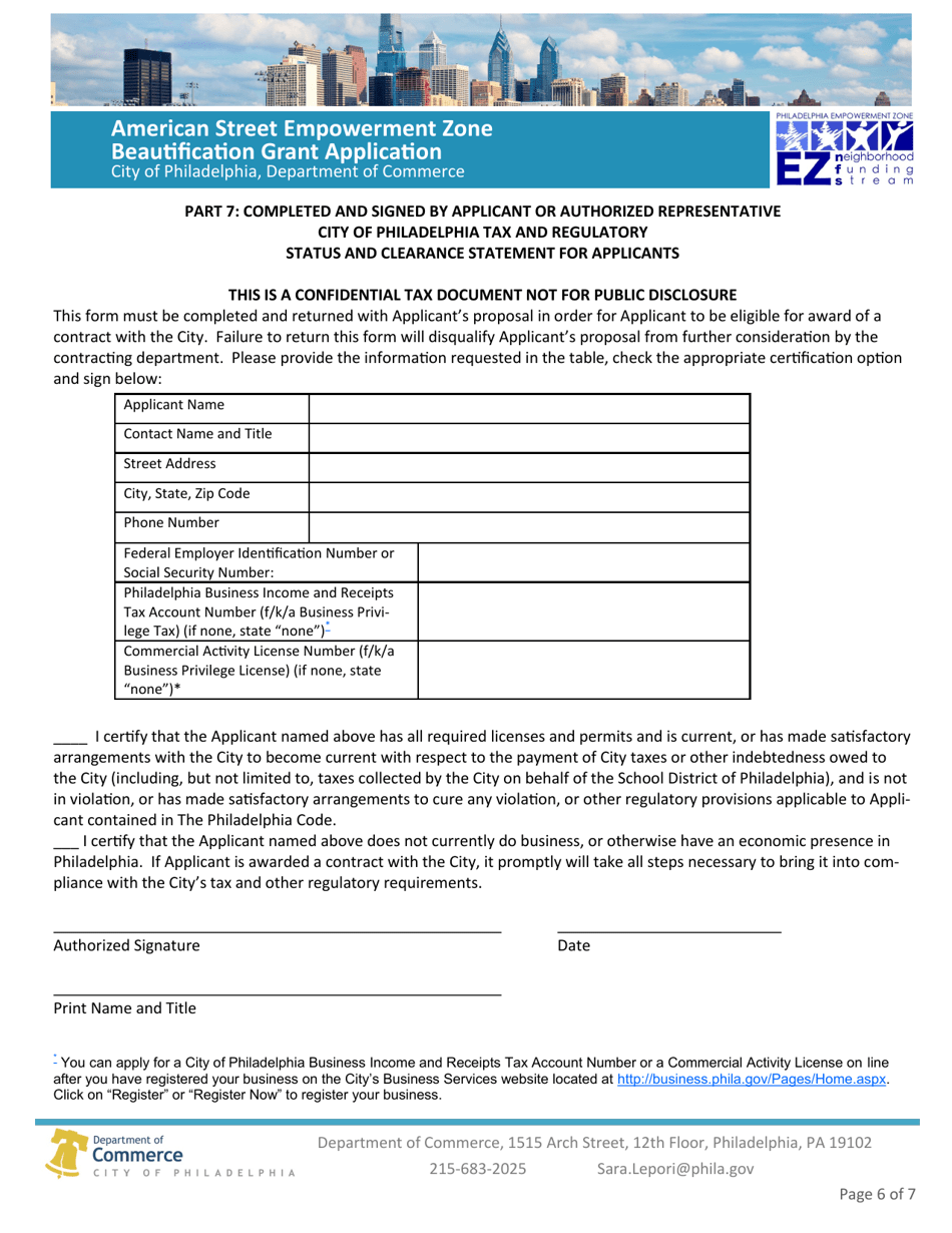 American Street Empowerment Zone Beautification Grant Application - City of Philadelphia, Pennsylvania, Page 6