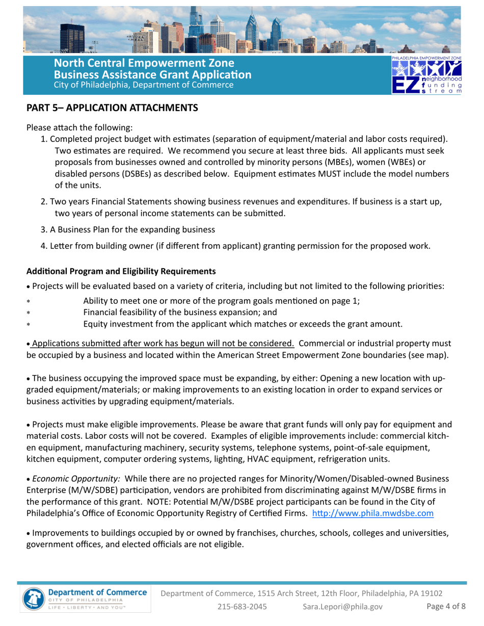 North Central Empowerment Zone Business Assistance Grant Application - City of Philadelphia, Pennsylvania, Page 4