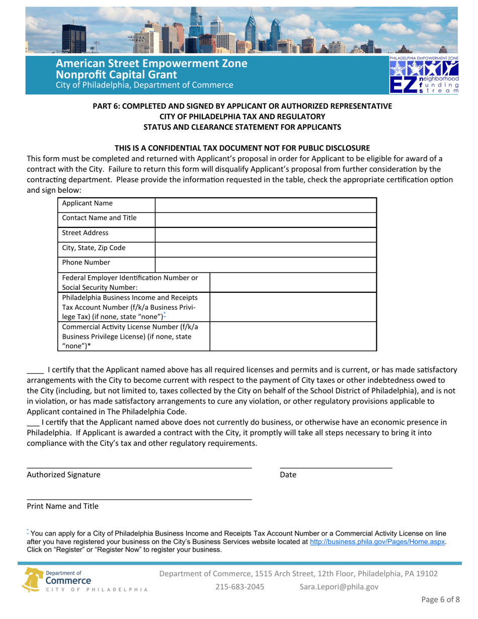 American Street Empowerment Zone Non Profit Capital Grant - City of Philadelphia, Pennsylvania, Page 6