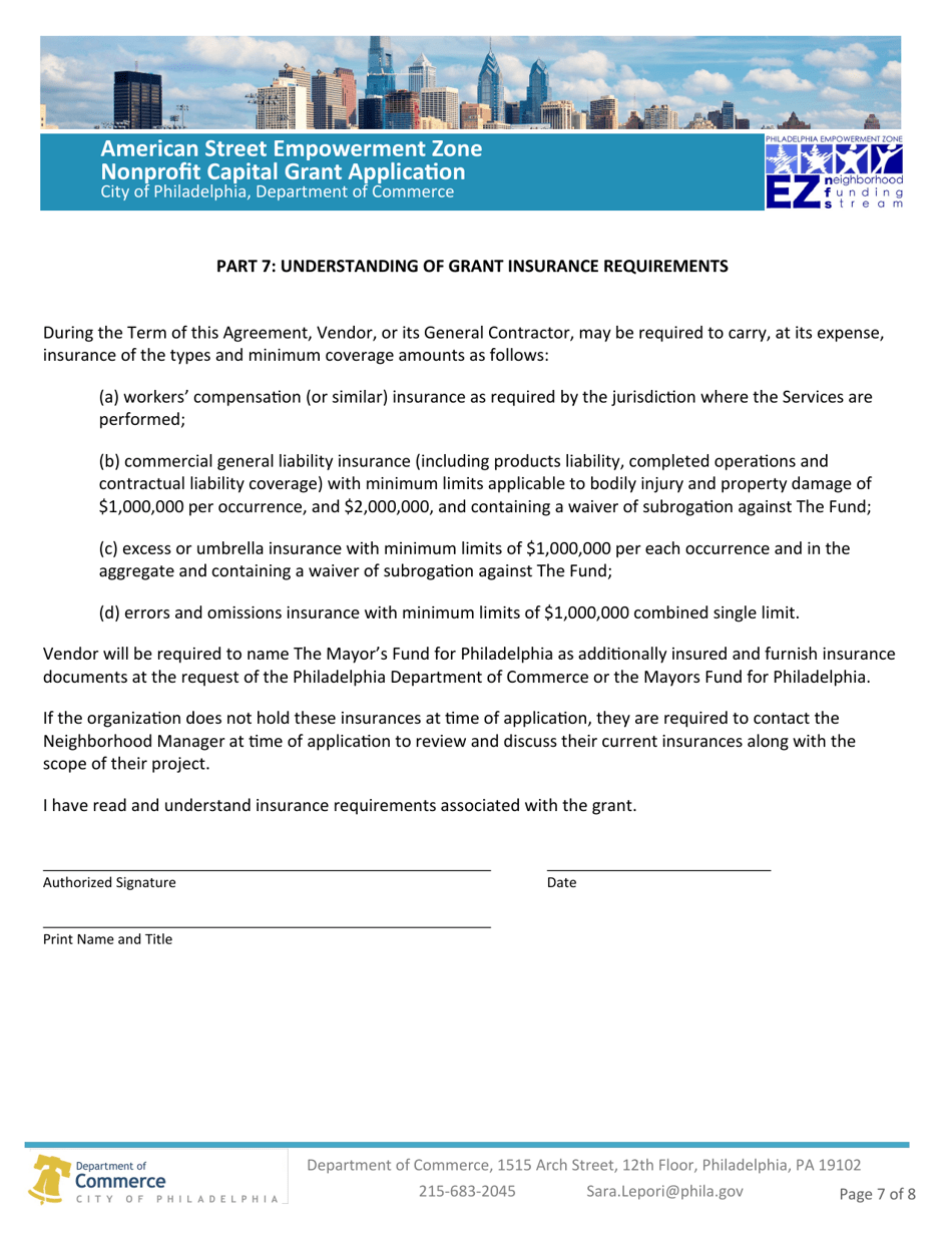 American Street Empowerment Zone Non Profit Capital Grant - City of Philadelphia, Pennsylvania, Page 7