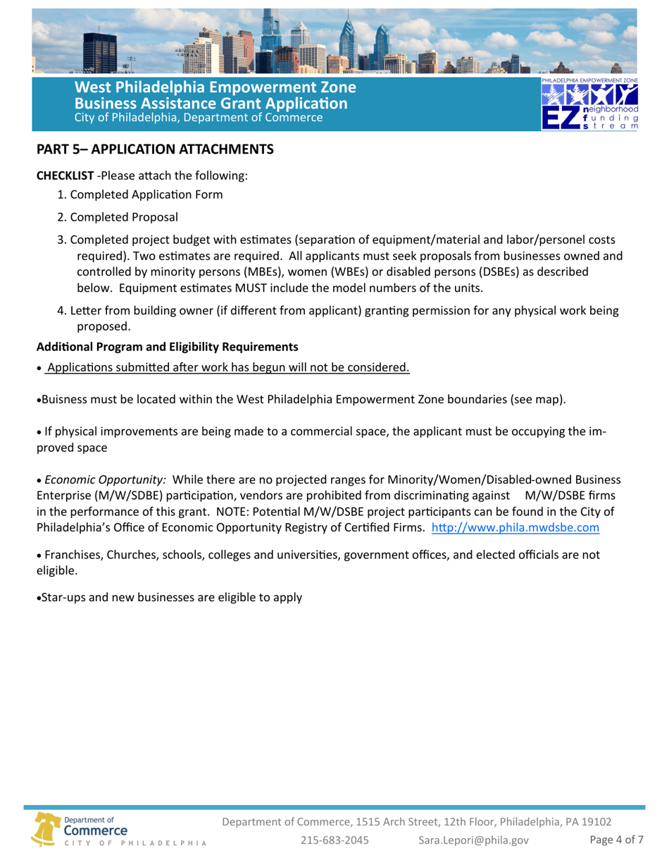 West Philadelphia Empowerment Zone Business Assistance Grant Application - City of Philadelphia, Pennsylvania, Page 4