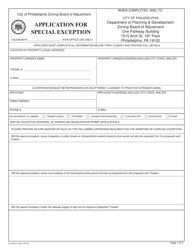 Form 81-49 A &quot;Application for Special Exception&quot; - City of Philadelphia, Pennsylvania