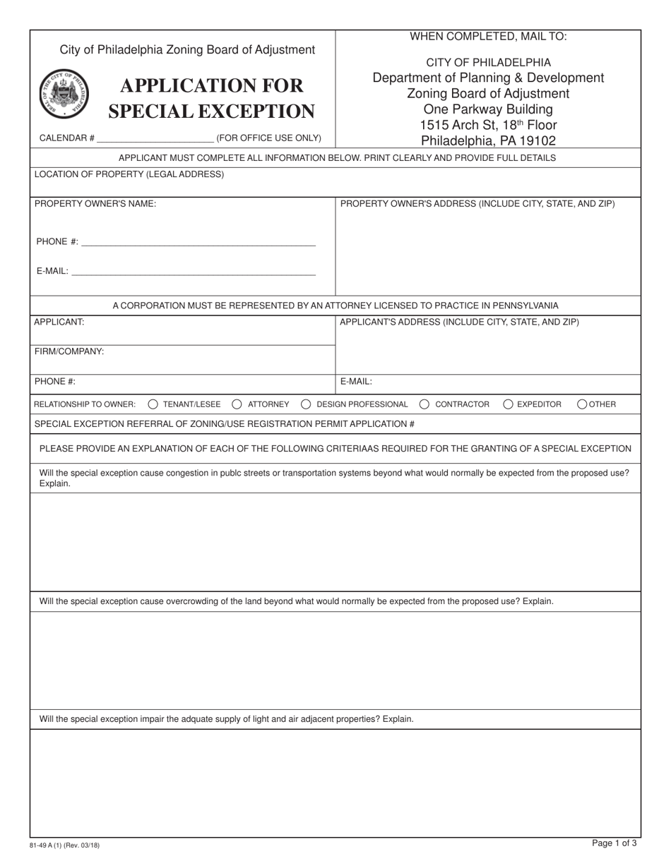 Form 81-49 A Application for Special Exception - City of Philadelphia, Pennsylvania, Page 1