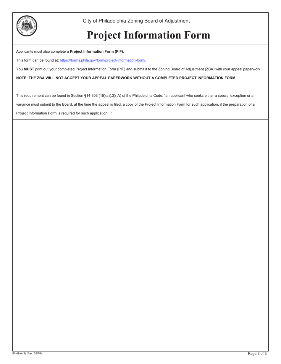 Form 81-49 A Application for Special Exception - City of Philadelphia, Pennsylvania, Page 3