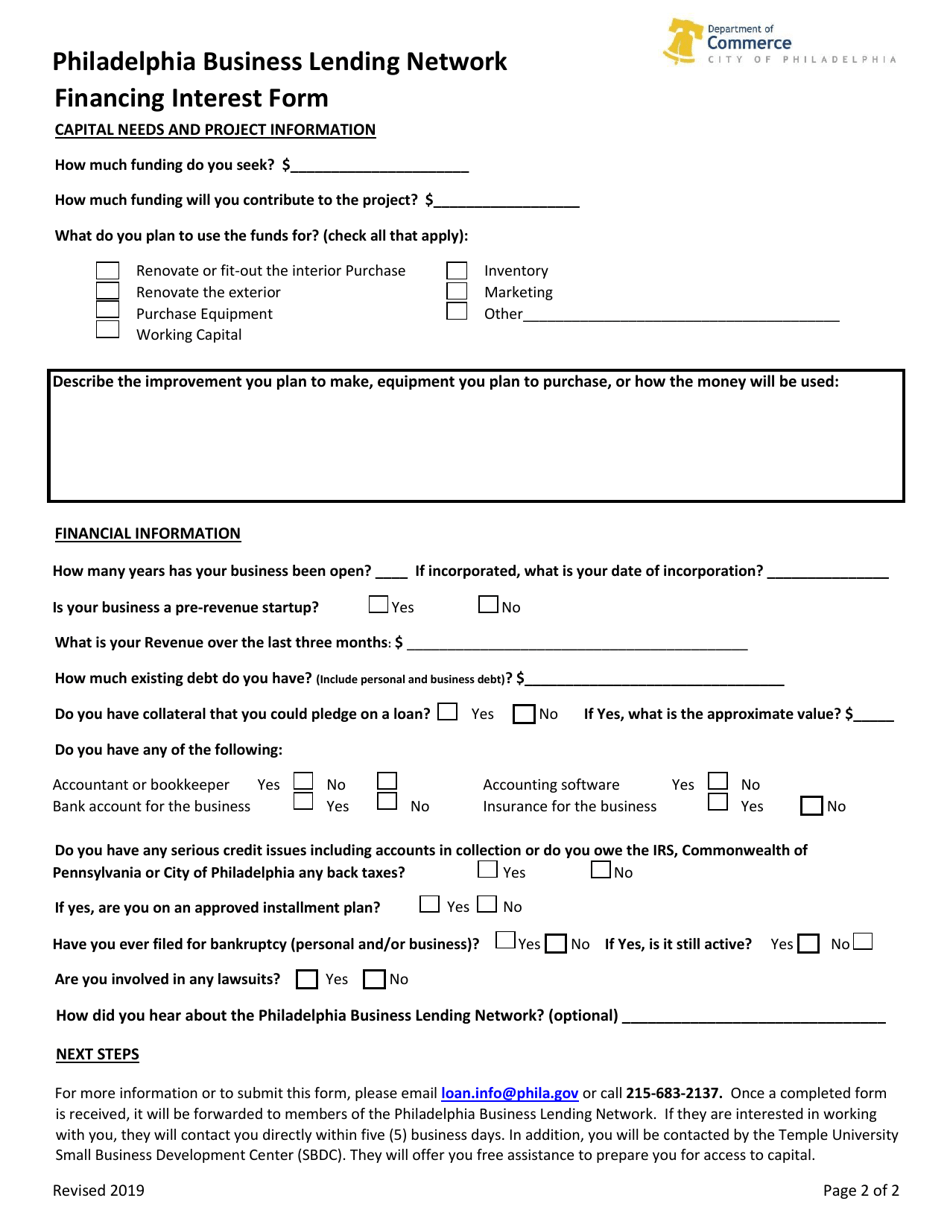 Philadelphia Business Lending Network Financing Interest Form - City of Philadelphia, Pennsylvania, Page 2