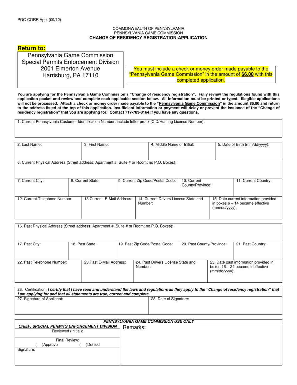 Change of Residency Registration-Application - Pennsylvania, Page 1