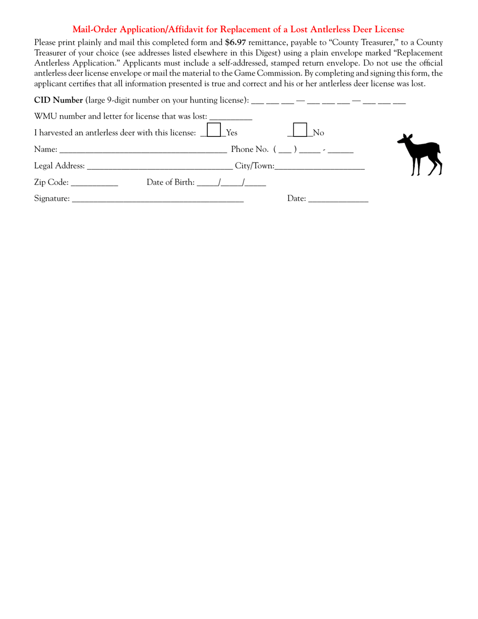 Mail-Order Application / Affidavit for Replacement of a Lost Antlerless Deer License - Pennsylvania, Page 1