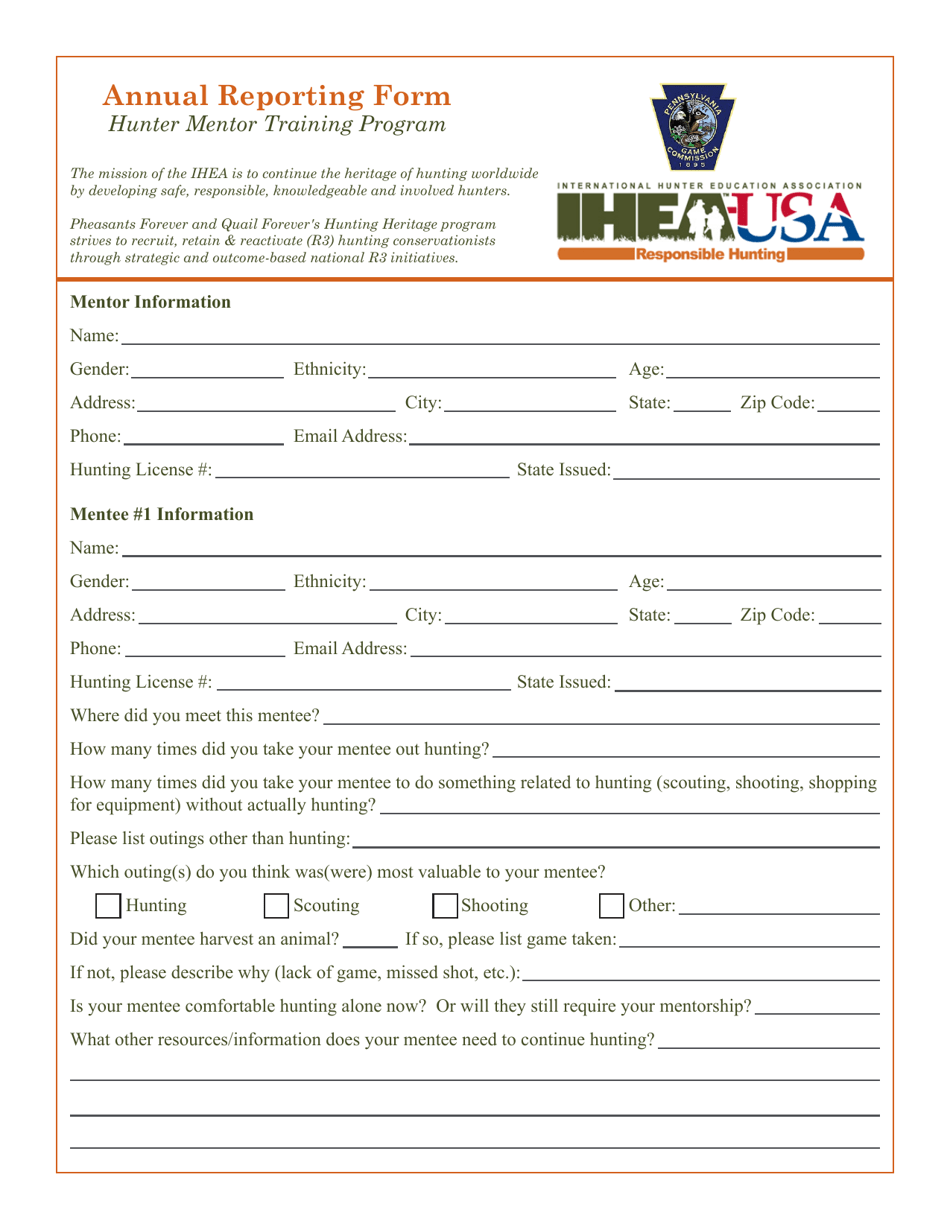 Annual Reporting Form - Hunter Mentor Training Program - Pennsylvania, Page 1