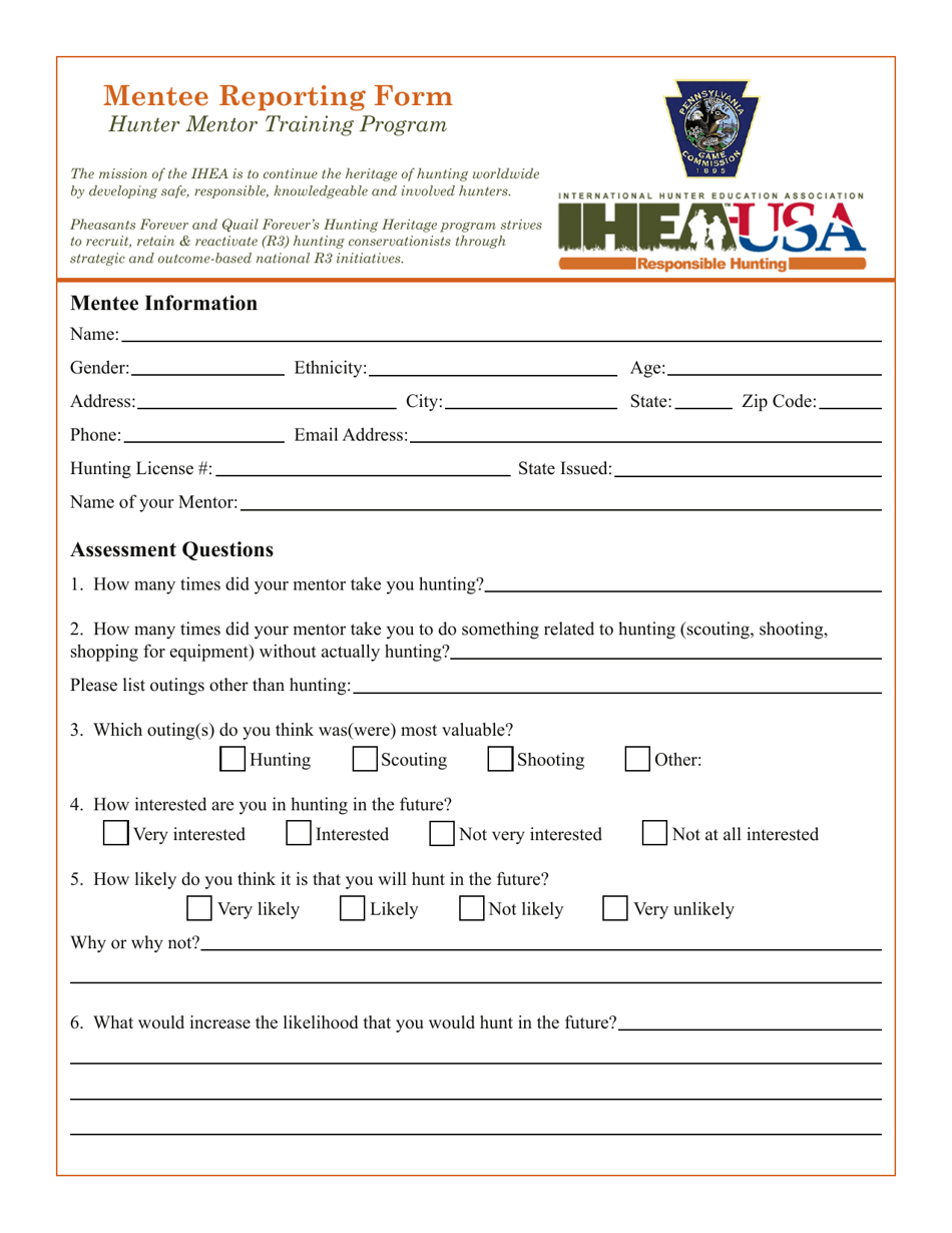 Pennsylvania Mentee Reporting Form - Hunter Mentor Training Program ...