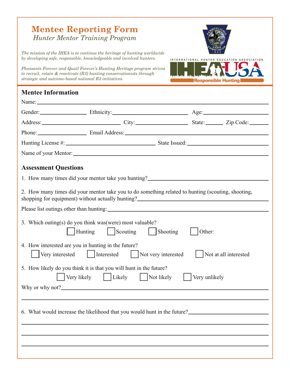 Mentee Reporting Form - Hunter Mentor Training Program - Pennsylvania, Page 1