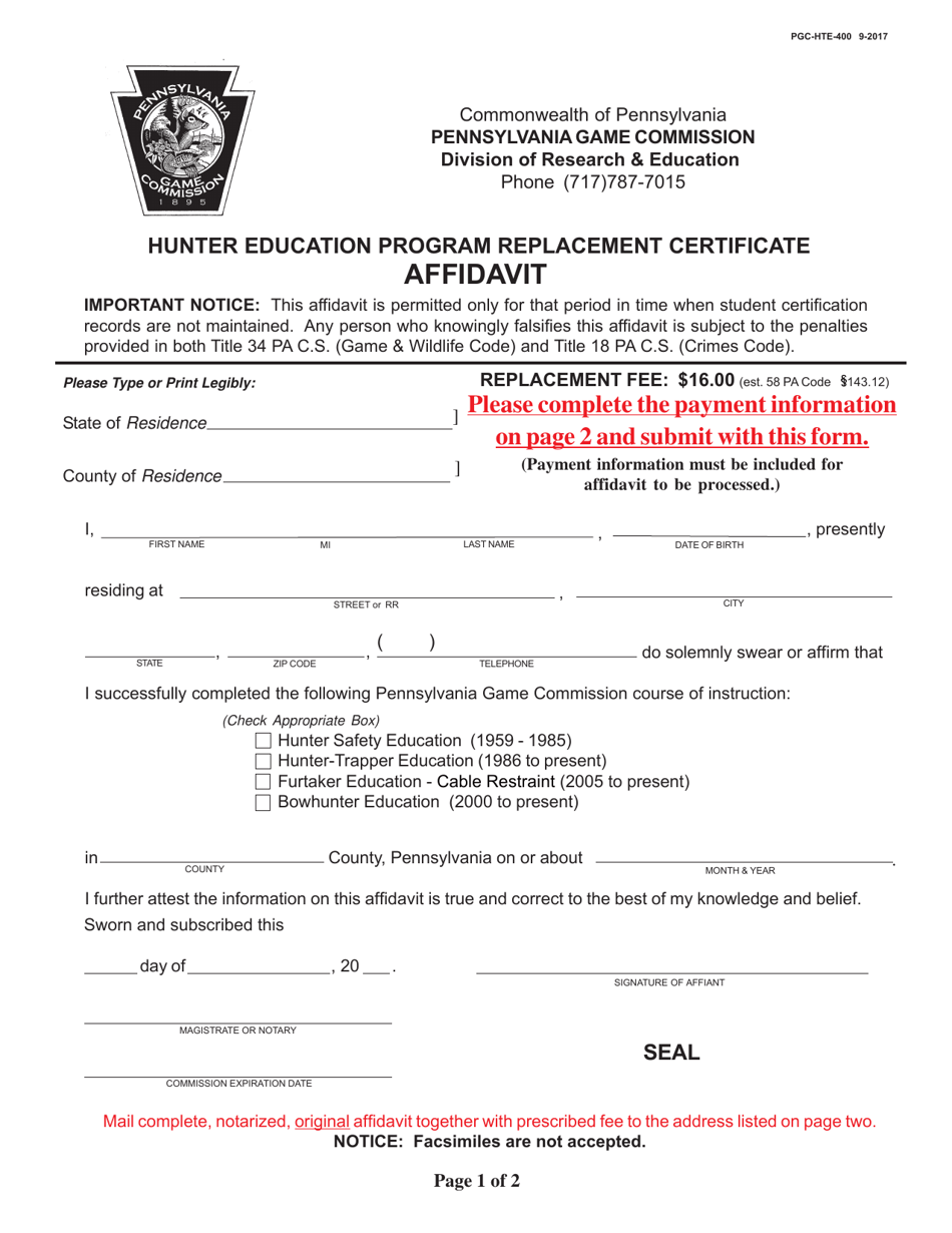 Form PGC-HTE-400 Hunter Education Program Replacement Certificate Affidavit - Pennsylvania, Page 1