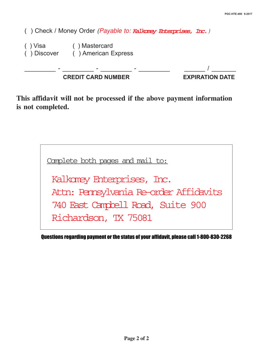 Form PGC-HTE-400 Hunter Education Program Replacement Certificate Affidavit - Pennsylvania, Page 2