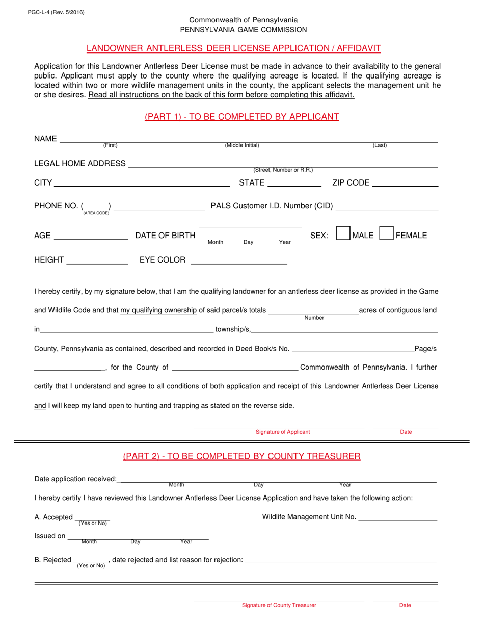 Form PGC-L-4 Landowner Antlerless Deer License Application / Affidavit - Pennsylvania, Page 1