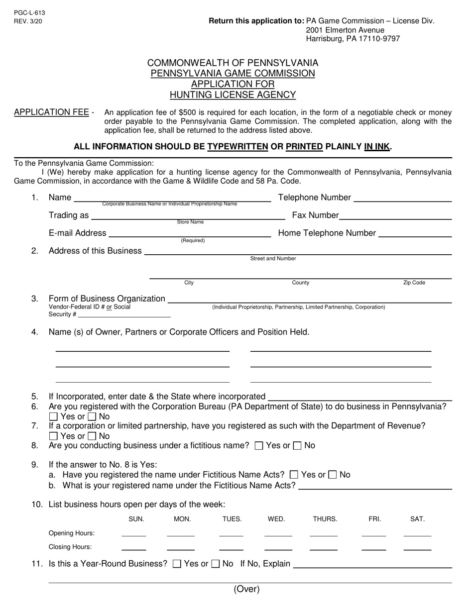 Form PGC-L-613 Application for Hunting License Agency - Pennsylvania, Page 1