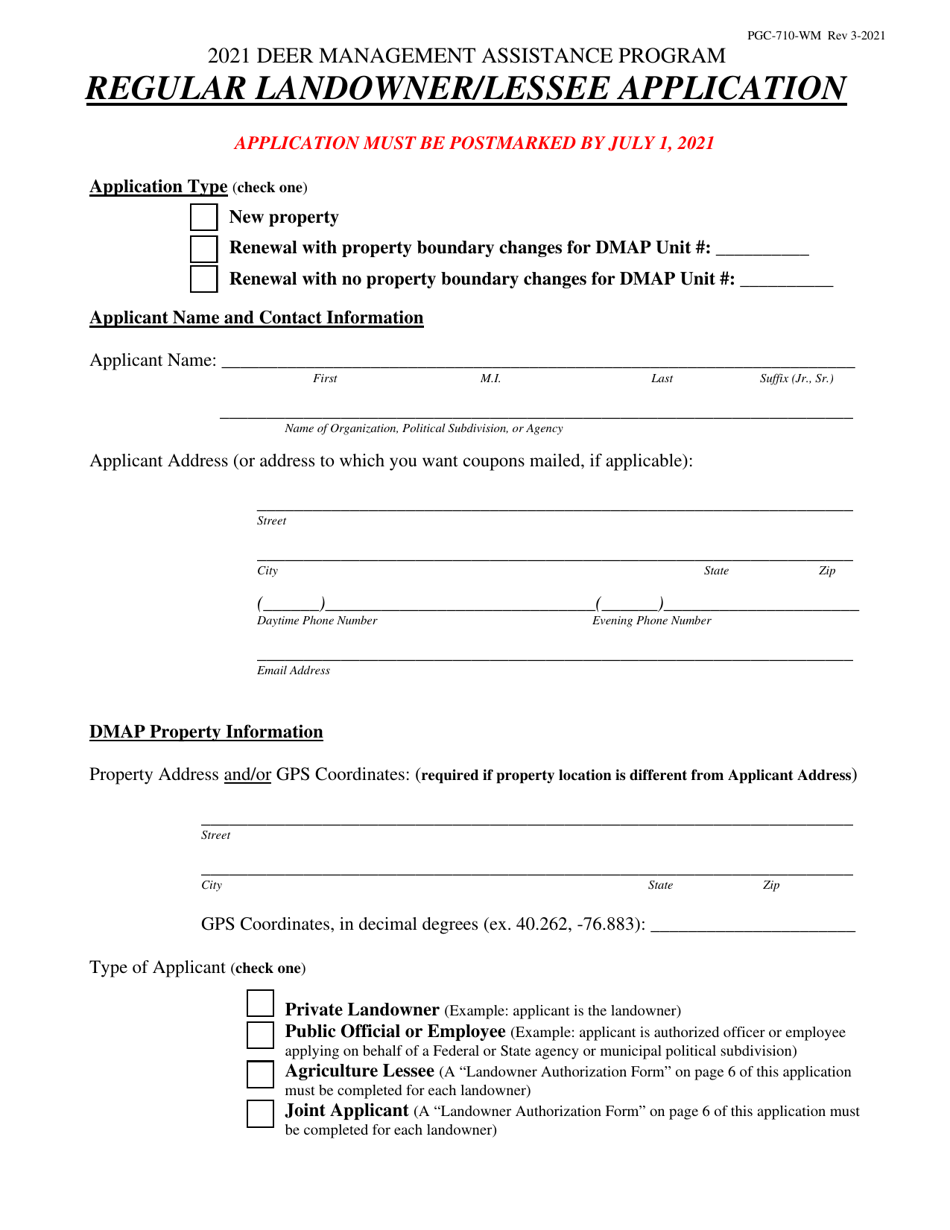 Form PGC-710-WM Regular Landowner / Lessee Application - Pennsylvania, Page 1
