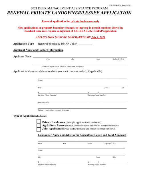 Form PGC-710A-WM Renewal Private Landowner/Lessee Application - Pennsylvania, 2021