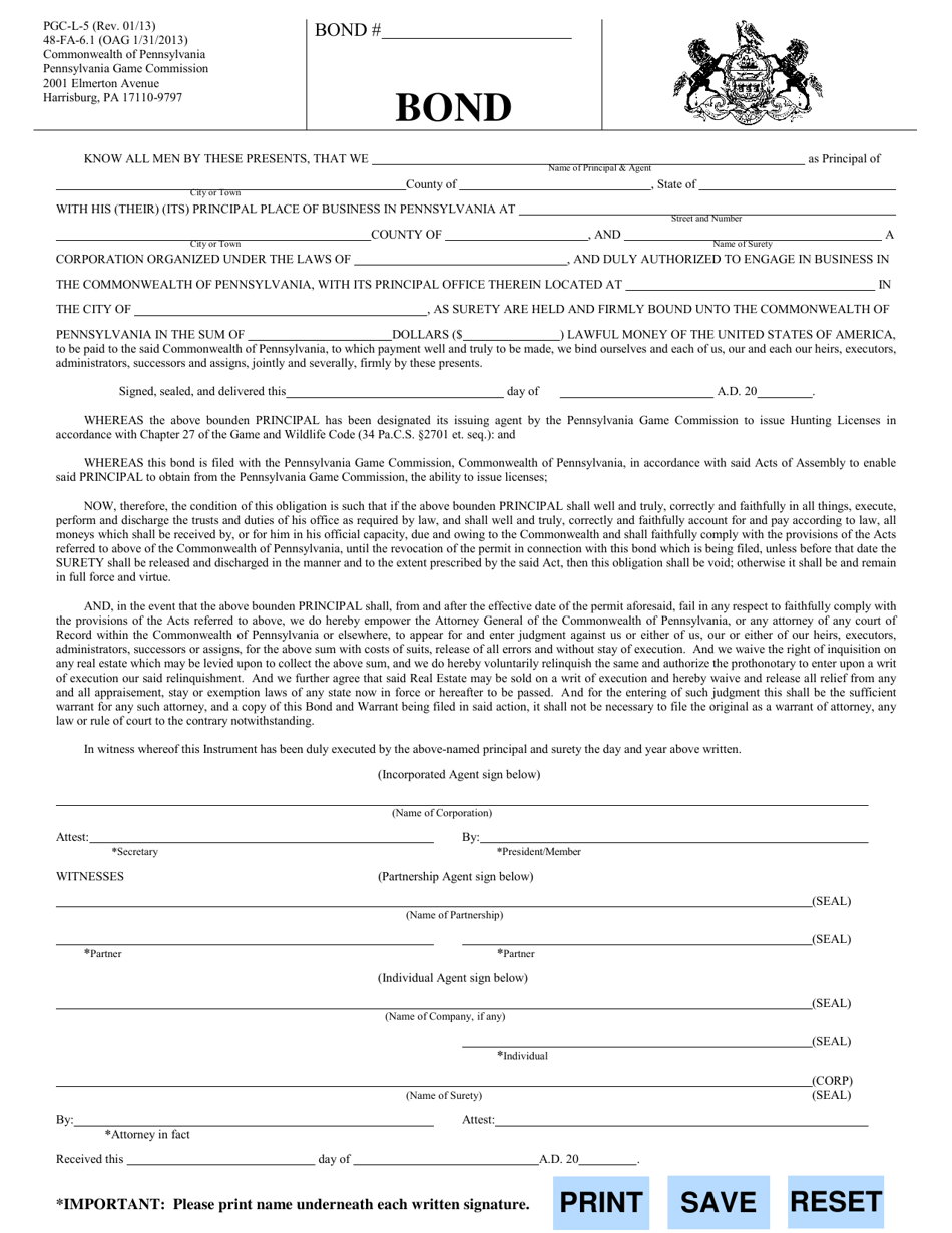 Form PGC-L-5 Bond - Pennsylvania, Page 1