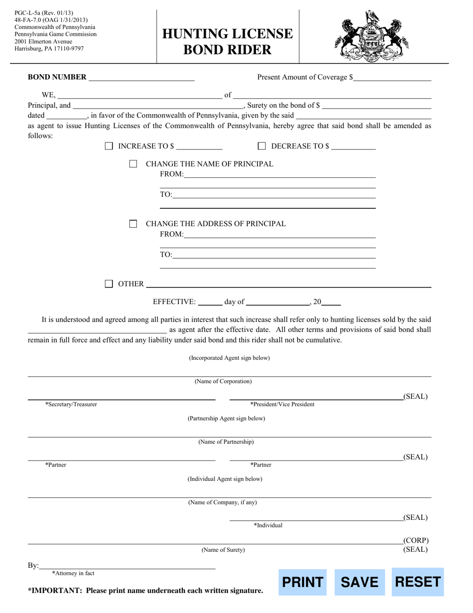 Form PGC-L-5A Hunting License Bond Rider - Pennsylvania, Page 1
