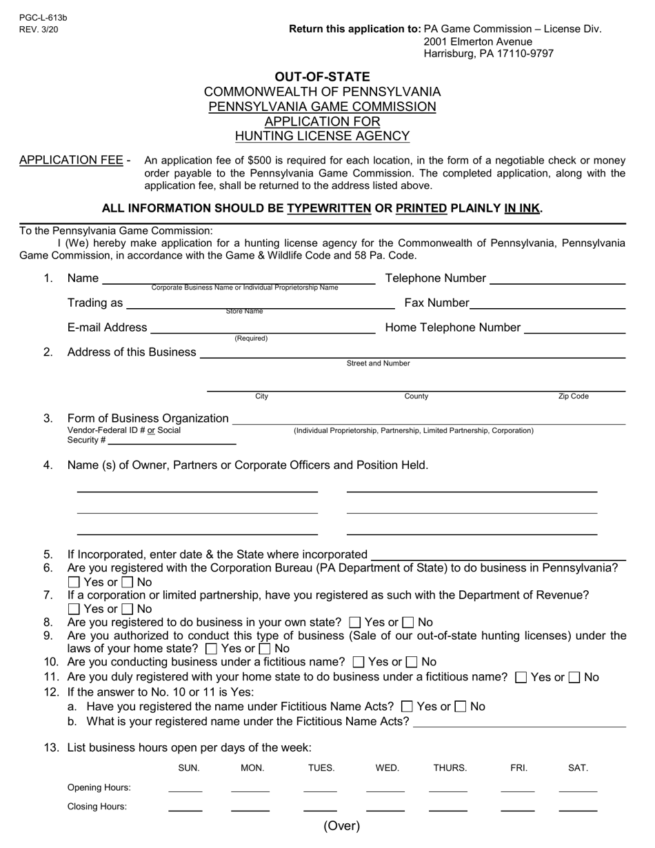 Form PGC-L-613B Application for Hunting License Agency - out-Of-State - Pennsylvania, Page 1