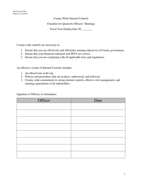 OSAI Form 500 County-Wide Internal Controls Checklist for Quarterly Officers' Meetings - Oklahoma