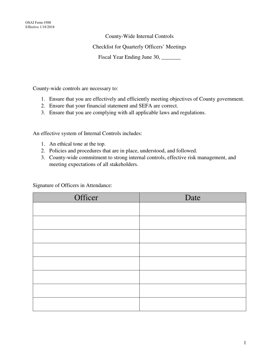 OSAI Form 500 County-Wide Internal Controls Checklist for Quarterly Officers Meetings - Oklahoma, Page 1