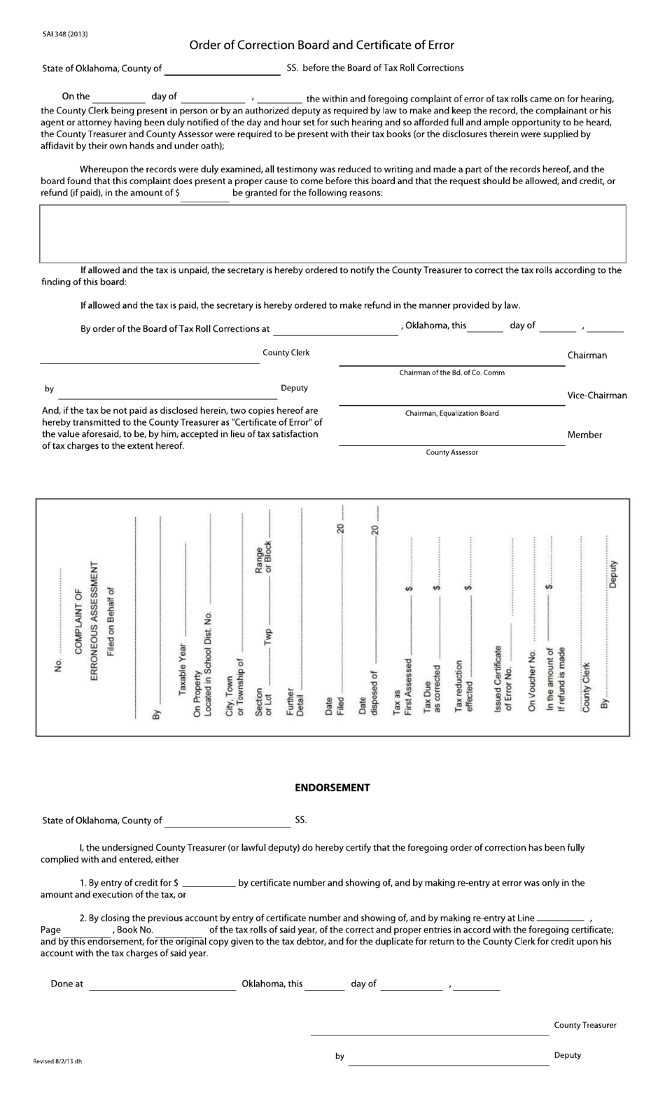 Form SAI348 Complaint of Erroneous Assessment and Order of Correction - Oklahoma, Page 2